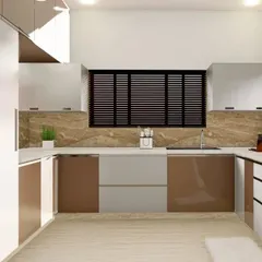 A 3D render of a U-shaped modular kitchen. The design uses a two-tone color scheme of brown and white, with a marble-patterned backsplash for a touch of elegance.