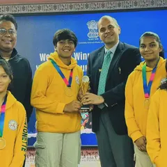 Our players proudly displaying their medals and the winner's trophy alongside the Consul General of India in Shanghai. This was a proud moment representing India abroad.