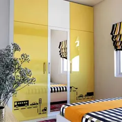 A vibrant yellow and white wardrobe for a kid's room, featuring a central mirror and playful decals. The glossy finish is easy to clean and brightens up the space.