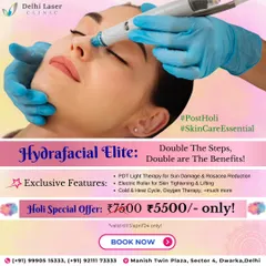A special Holi offer for our Hydrafacial Elite. This advanced facial includes extra steps like PDT Light Therapy and an Electric Roller for skin tightening, providing double the benefits for post-celebration skin recovery.