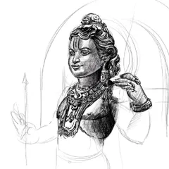 A work-in-progress sketch of Ram Lalla. Here, you can see more details being added to the chest and arms, showing the gradual development of the artwork.