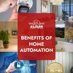 This collage highlights the key benefits of home automation, including enhanced security through smart cameras, convenient control, and creating a beautiful living environment.