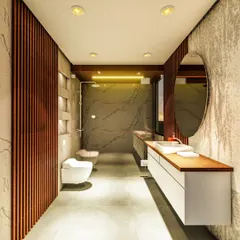 This modern bathroom concept combines different textures. We used vertical wood slats on one wall, large concrete-finish tiles, and a floating white vanity to create a warm, contemporary, and spa-like space.