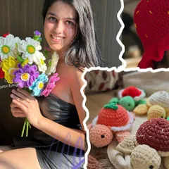 A collage showing me with a vibrant bouquet of our 'Forever Flowers', alongside some of our fruit-themed turtle toys. It's a great example of the variety we offer.