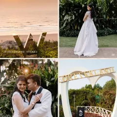 A collage from the "Foreverland" themed 25th-anniversary party at W Goa. It showcases the stunning beachside venue, the bride in her beautiful white gown, and the custom event branding that made the celebration unique.