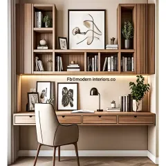 This is the same beautiful study unit design, shown from a slightly different angle. It highlights the balance of open and closed storage and the generous desk space.