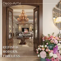 The first impression of a home should tell a story of what lies within. I designed this grand entrance with classic wooden doors, a statement chandelier, and fresh florals to create a warm, opulent welcome that is refined, modern, and timeless.