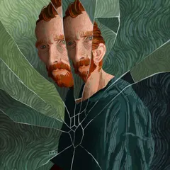 A self-portrait exploring themes of fragmentation and identity. The artist's face is seen through the shards of a broken mirror, his reflection fractured and multiplied. It’s a visual for the internal conflicts and the brokenness one feels in love and life.