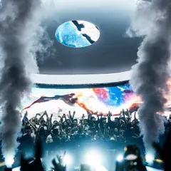 Twin pillars of CO2 smoke erupt from the stage, framing the DJ booth and adding a dramatic, high-energy effect to the show.