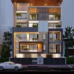 An evening view of a modern residential building, showcasing how strategic lighting design can transform a structure after dark. The interplay of illuminated voids, warm interior glows, and facade highlights creates a dramatic and sophisticated presence, emphasizing the building's multi-layered form.