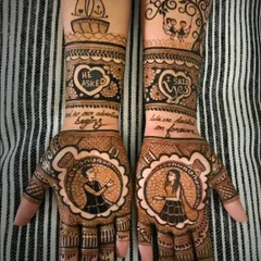 Your mehndi can tell your personal story. For this bride, we included portraits and sweet messages like "He asked" and "I said yes" to make her design truly unique and a celebration of her journey.