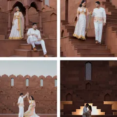 A collage showcasing a royal-themed shoot at a red sandstone fort. It highlights a variety of poses, from grand walking shots to intimate moments, all in elegant traditional attire.
