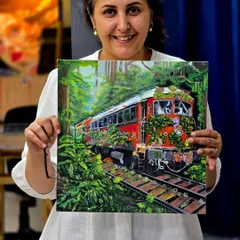 A proud student displays her imaginative gouache painting. We encourage creativity by teaching students to combine technical skill with unique concepts, like this piece where nature reclaims a train.