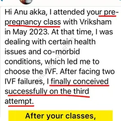 This student faced two IVF failures but conceived successfully on her third attempt after attending my classes. Never stop helping your body, no matter which path you are on.