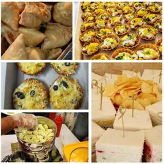 A collage showcasing some of the items that can go into my hi-tea snack boxes. Options include mini burgers, grilled sandwiches, and savory puffs.