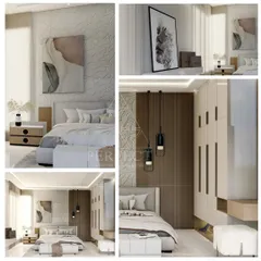 This collage presents a complete vision for a modern master bedroom. Key features include a textured 3D panel behind the bed, a wood-paneled wall with integrated pendant lights, and custom-designed wardrobes. Every angle is considered to create a cohesive and restful environment.