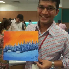 The smile of accomplishment is the best part of my work. This participant from a Wipro workshop was so thrilled with the winter landscape he painted. It is a reminder that everyone has a creative spark waiting to be discovered.