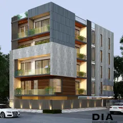 A residential building design that explores a raw, textural palette with exposed concrete, dark metal panels, and wood accents. The composition creates a strong visual hierarchy, with cantilevered balconies and recessed windows adding depth and dynamism to the facade.