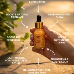 This graphic details the many benefits of my Kshirshukadi Tailam. It's a lightweight, non-greasy oil that soothes tired skin, boosts radiance, and provides a deep, nourishing glow.
