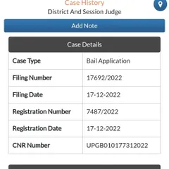 Bail application filed in the District and Session Judge court. This screenshot shows the filing details for a bail application, the first formal step in the process of seeking release from custody for a client.