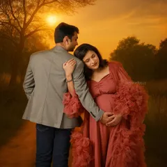 A romantic sunset portrait of the couple. The warm, golden light and the gentle embrace create a dreamy and emotional photograph.