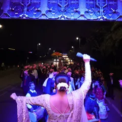 A view from my perspective on the baraat truck, facing the energetic crowd. My job is to lead the charge and keep the spirits high.