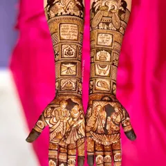I designed this unique bridal mehndi with separate panels, each telling a part of the wedding story. It features detailed portraits of the bride and groom, auspicious symbols like Lord Ganesha, and important wedding rituals, all framed with incredible precision.