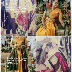 Then and Now: A beautiful comparison of the bride's late mother wearing her Kanjeevaram in 1994, and our bride, Manisha, wearing the same saree draped as a second layer for her Pradhanam in 2024.