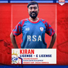 Introducing Coach Kiran, a C License holder with a deep passion for player-centric development, blending technical insight with mentorship.