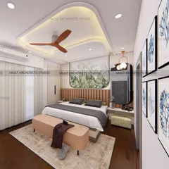 Design is about how it works. This bedroom render shows a functional and beautiful space with a wooden-paneled headboard, a gallery wall, and a comfortable bench at the foot of the bed.