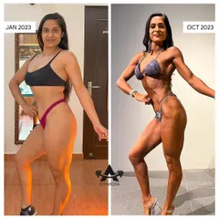A side-pose comparison showing my transformation. This highlights the dramatic reduction in body fat and the muscle definition I achieved through a long, strategic cutting phase.
