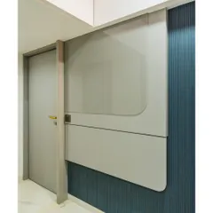 Here, the study table is shown in its folded-up position, appearing as a sleek, decorative wall panel. This design is ideal for bedrooms or compact apartments where maximizing space is essential.