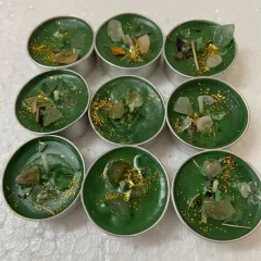 These green crystal tealights are like tiny flames of nature's glow. I've filled them with green aventurine and other healing stones to bring calm and prosperity.