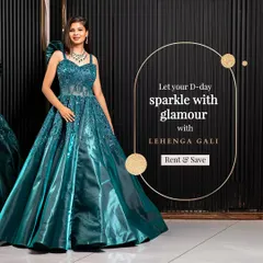 Let your D-day sparkle with this teal green sequined ball gown. The structured bodice and dramatic shoulder detail make it a high-fashion choice for a sangeet or cocktail night.