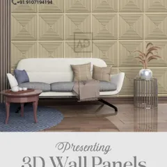 A living room setting featuring a wall covered in beige, pyramid-shaped 3D panels. This design adds a subtle, sophisticated texture that enhances the room without overwhelming it.