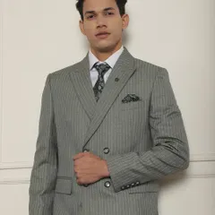 Suits for every occasion. This grey pinstripe double-breasted suit is a classic choice, showcasing a style that matches your personality and a fit that is tailor-made by our craftsmen.