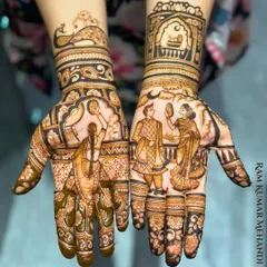 A full Karwa Chauth story on both hands. One hand shows the wife with the 'puja thali', while the other shows the couple together, capturing the essence of the ritual.
