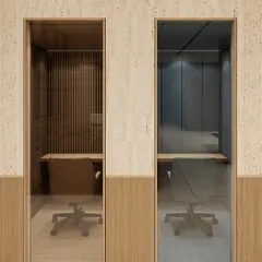 This render shows our design for private phone booths, offering soundproofed, quiet zones within an open-plan office. We used distinct materials like fluted wood and darker tones to visually separate these focus areas from the more collaborative spaces.