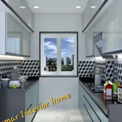A modern parallel kitchen design with a bold geometric-tiled backsplash. The two-tone cabinets and under-cabinet lighting create a workspace that is both stylish and practical.