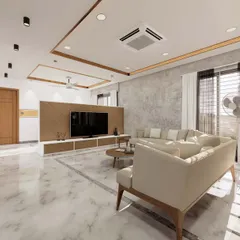 A 3D visualization of a luxurious living room, featuring Italian marble floors, a textured paint wall, and teak wood ceiling details. This helps clients visualize the final space.
