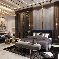A master bedroom should be a personal sanctuary. In this Rohtak residence, I combined rich wood tones, plush fabrics, and sophisticated gold accents to create a space that is both opulent and deeply comfortable, complete with a dedicated seating area for quiet moments.
