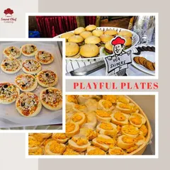 From playful plates to delectable bites, this collage shows some of my most popular items for kids' parties, including mini pizzas, veg sliders, and cheesy bread bites.