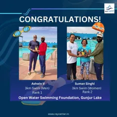 Congratulations to Ashwin and Suman for their top ranks in the 3km open water swim at Gunjur Lake. This type of racing requires a different strategy and mental fortitude than pool swimming.