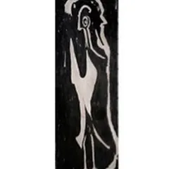 A full-length view of Souza's 'Tribute to Rabindranath Tagore'. The elongated canvas emphasizes the flowing beard of Tagore's silhouette, which Souza cleverly fills with other forms reminiscent of Tagore's work, like a nude female form and a bird.