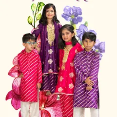 For a grand 'Wedding' event, I designed these rich purple and pink outfits. The intricate gold embroidery and luxurious fabrics ensure the little guests look just as special as the occasion.