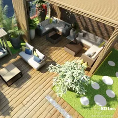 An aerial view of a spacious rooftop terrace we designed. It includes multiple seating areas, a swing, and green patches, transforming the roof into a versatile and rejuvenating garden oasis.