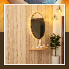 The foyer of the Brigade Cornerstone Utopia apartment, with a textured wallpaper and an elegant backlit mirror.
