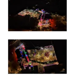 A high-altitude aerial view of a large, brightly lit event venue at night. This shot is ideal for showcasing the full scale and layout of a property.