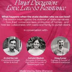 Poster for a panel discussion on 'Love, Law & Resistance', interrogating state narratives.