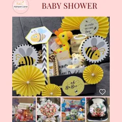A showcase of my baby shower hamper designs. This image features a bright and cheerful 'as cute as can bee' themed hamper, along with smaller images of other adorable options like teddy bear bouquets and themed gift sets.